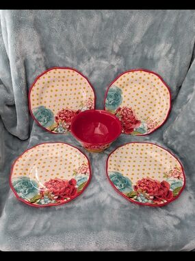 Pioneer Woman Blossoms Jubilee. Red, Teal, Yellow Salad Plates-4 & Bowl-1